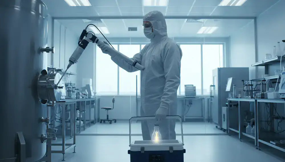 Specjalista pobierający próbki do analizy laboratoryjnej w sterylnym otoczeniu